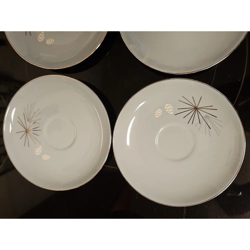 Set Of 4 Vintage MCM Franciscan Silver Pine Tea Cup & Saucer Sets Very Nice